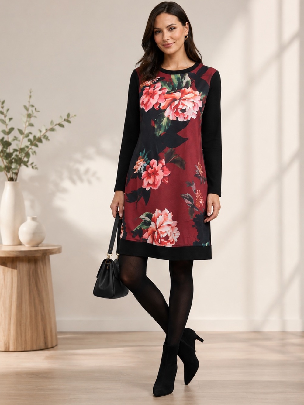 Tristan Floral Shift Dress Medium Burgundy Long Sleeve A-Line Work Office Canad